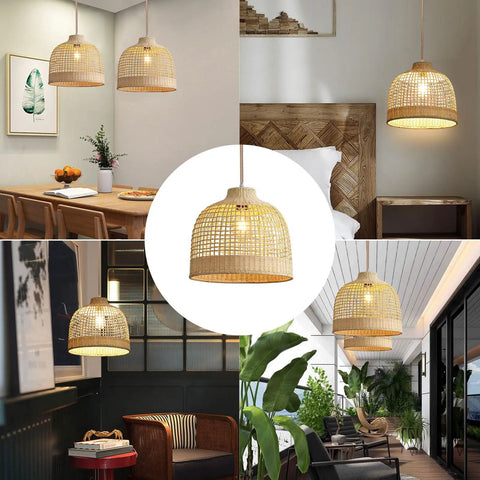 Rattan Pendant Light Hand Woven Basket Shade Ceiling Lamp for Kitchen Island Boho Farmhouse Style in various room settings