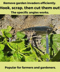 Nejiri Gama Hand Hoe Weeding Sickle used to remove weeds, showcasing stainless steel blade and ergonomic handle in action on soil.