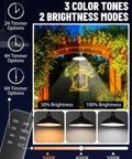 Solar Pendant Light With Remote For Outdoor Shed Barn Porch Gazebo 8 Inch 3 Color Temps, showcasing brightness levels and timers