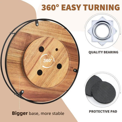 Bottom view of 12 Inch Acacia Wood Lazy Susan Turntable with steel sides, showing 360-degree bearing and non-slip pads.