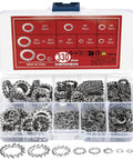 Front view of qxayxa 330pcs stainless steel external tooth star lock washers kit in clear plastic case; sizes M2.5–M12