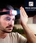 Person using wave sensor on Rechargeable LED Headlamp With Wave Sensor Two Pack Ultra Bright 1000 Lumens Dual Beam Spotlight And COB Flood