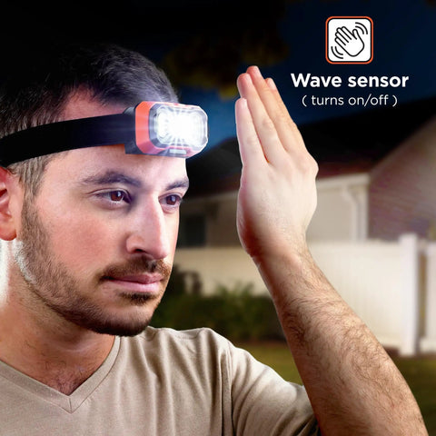 Person using wave sensor on Rechargeable LED Headlamp With Wave Sensor Two Pack Ultra Bright 1000 Lumens Dual Beam Spotlight And COB Flood