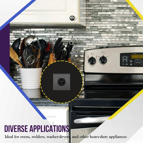 Heavy Duty NEMA 10-50R 50 Amp Black Outlet Socket installed near kitchen stove for various heavy-duty appliances.