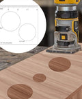 Sturdy Hardened Acrylic Three Piece Router Template Set For Woodworking And Circle Inlay Projects 4 Inch By 3 Point 92 Jig Kit on wood, showing circle cutouts.