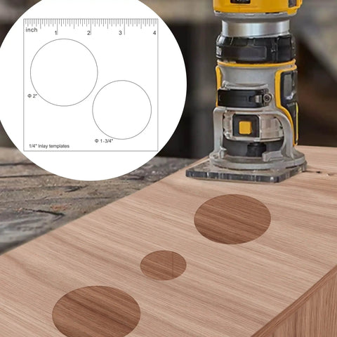 Sturdy Hardened Acrylic Three Piece Router Template Set For Woodworking And Circle Inlay Projects 4 Inch By 3 Point 92 Jig Kit on wood, showing circle cutouts.