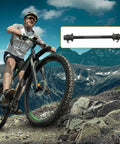 Image of Bike Rear Hub Axle 180 Millimeters 7.08 Inches Three Eighths Inch Thread 26 TPI Black Hardware Kit with nut, cyclist in mountains