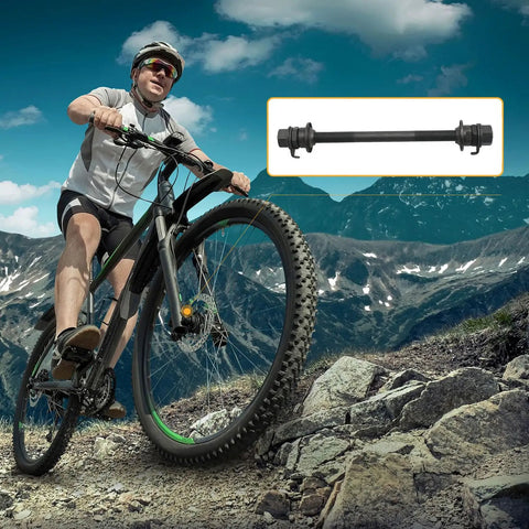 Image of Bike Rear Hub Axle 180 Millimeters 7.08 Inches Three Eighths Inch Thread 26 TPI Black Hardware Kit with nut, cyclist in mountains