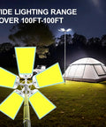 Beastly Bright 25000 Lumen LED Telescoping Camping Light With 5 COB Panels illuminating a campsite with a tent at night
