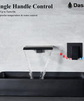 Slick Matte Black Wall Mount Waterfall Bathroom Faucet with Single Handle above a black in-wall sink displaying water flow, modern design.
