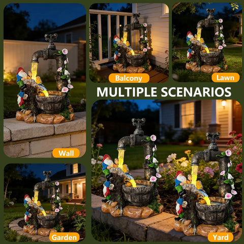 Solar Garden Gnomes Statues With LED Water Fountain 10 Inch Resin Outdoor Yard Decor for Lawn, Patio at Night