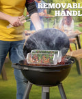 Rolling Grill Basket With Removable Beech Wood Handle 304 Stainless Steel Construction in use on a barbecue grill