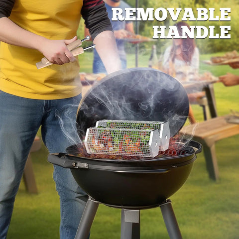 Rolling Grill Basket With Removable Beech Wood Handle 304 Stainless Steel Construction in use on a barbecue grill