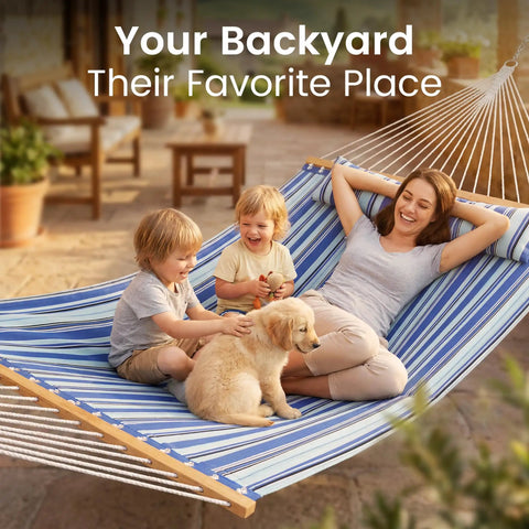 Two Person Double Hammock With Spreader Bar For Patio And Backyard Use 500 Lbs Capacity Flat Wide Bed with pillow in use