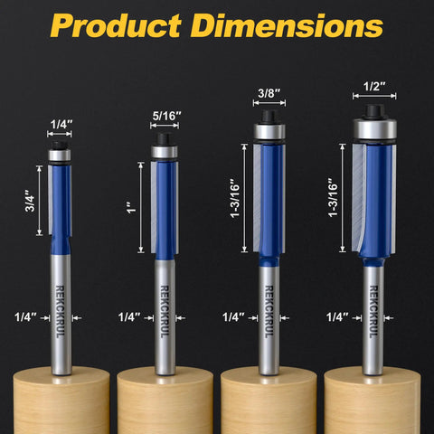 4pc Flush Trim Router Bit Set With 1/4 Inch Shank And Bottom Bearing For Woodworking Durable Industrial Carbide Blades dimensions