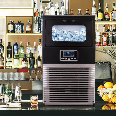 Plug And Play Countertop Ice Maker Auto Clean System with ice display, ideal for home bars and lounges, stainless steel.