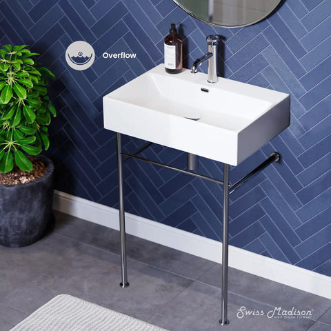 Claire 24 Inch Ceramic Console Sink With Glossy White Basin, Scratch Resistant Non Porous Ceramic, Single Faucet Hole, Overflow