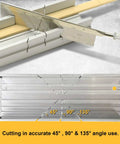 Aluminum miter box with three-angle cutting guide (45°, 90°, 135°) for hand saws.