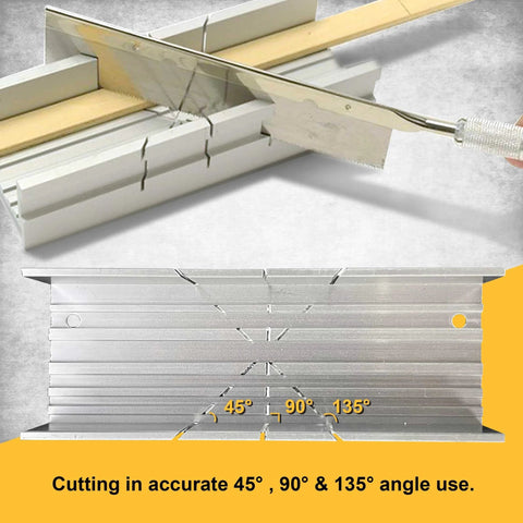 Aluminum miter box with three-angle cutting guide (45°, 90°, 135°) for hand saws.