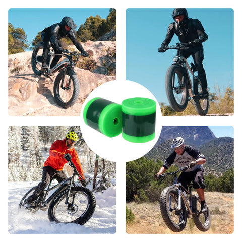 Collage of cyclists with 2 Pack Fat Bike Tire Liners Puncture Protection No Flats Inner Tube Guard For 20 To 29 Inch MTB E Bike Snow