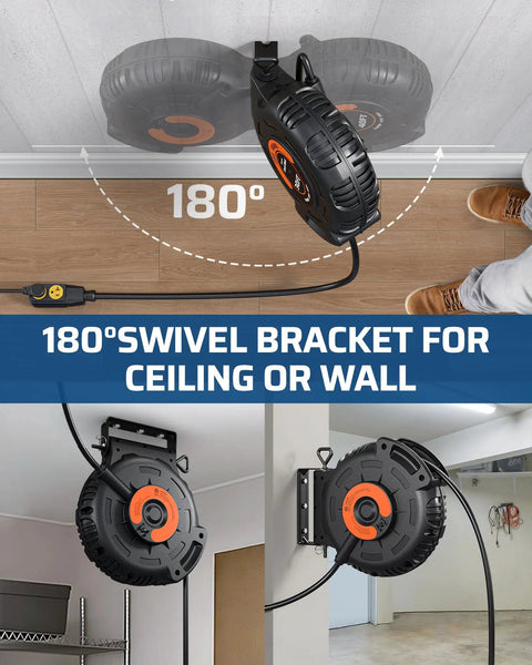 50ft Retractable Extension Cord Reel With Light Up Triple Tap And Auto Guide Rewind To Prevent Tangling, wall mount