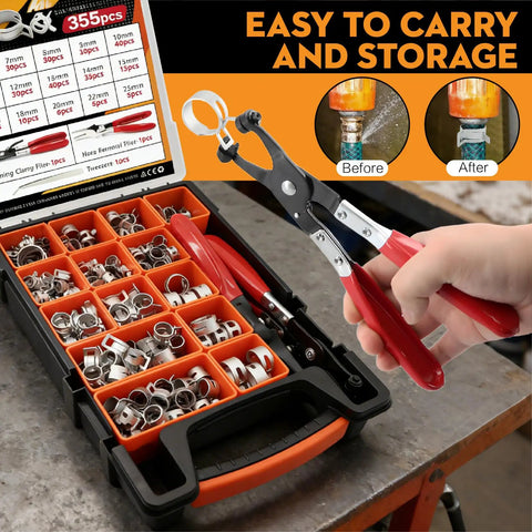 355-Piece Spring Band Hose Clamp Kit in 15 Sizes Ranging 6 to 25mm, Carbon Steel Construction with Swivel Jaw Pliers