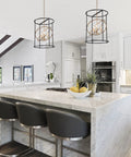 Dope Black And Gold Three Light Drum Pendant Chandelier With Height Adjustable Rods in a modern kitchen setting