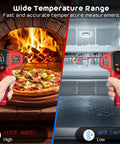 Non Contact Infrared Temperature Gun With Adjustable Emissivity And Color Backlight, Pro Grade Fast Laser Thermometer For Cooking, Pizza Oven, BBQ, Fridge, Engine, And HVAC, Reads -58F To 1112F (-50C To 600C) In 0.5s, Accurate ±2% showing pizza oven and freezer use