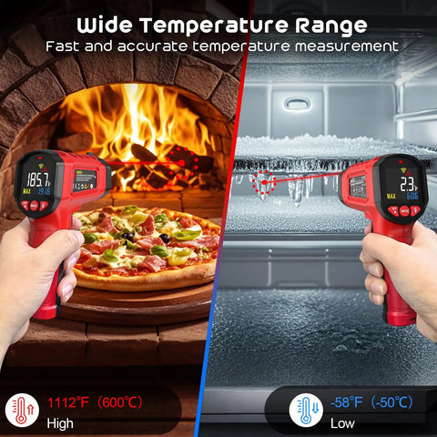 Non Contact Infrared Temperature Gun With Adjustable Emissivity And Color Backlight, Pro Grade Fast Laser Thermometer For Cooking, Pizza Oven, BBQ, Fridge, Engine, And HVAC, Reads -58F To 1112F (-50C To 600C) In 0.5s, Accurate ±2% showing pizza oven and freezer use