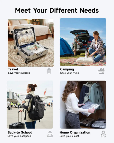 Travel Vacuum Bags With 2026 Latest Wireless Pump 8 Pack 4 Sizes Space Saver Compression Bags For Luggage And Suitcase Vacuum Seal Bags For Clothes Travel On The Go in use during travel, camping, back-to-school, and home organization.