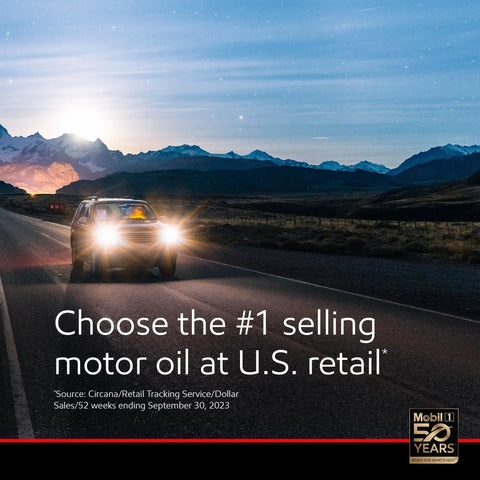 Mobil 1 Extended Performance High Mileage 5W-30 motor oil, 5 qt; car on highway at dusk with Mobil 1 logo.