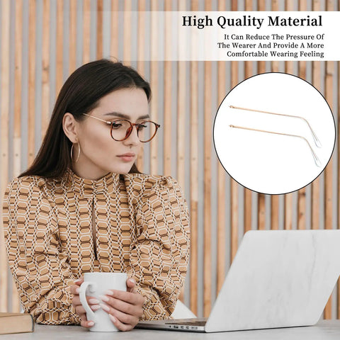 Gold Metal Eyeglass Temple Replacement Arms With Clear Tips Complete Repair Kit Includes Screwdriver And Screws For A Solid Frame Repair And Sharp Upgrade That Really Hits Different. Woman wearing stylish glasses examining repair kit.
