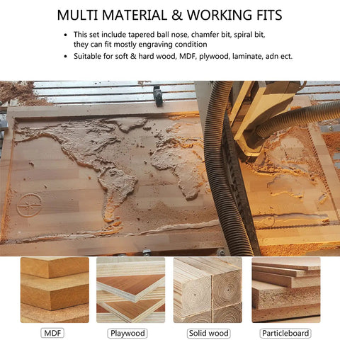 Pro Grade CNC Router Bit Carving Set for Wood Engraving with Solid Carbide One Quarter Inch Shank Includes Tapered Ball Nose Spiral and Cone End Mills for Engraving Wood Plywood MDF and Hard and Soft Woods Plus Light Metal Work carving world map on wood