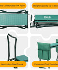 All In One Garden Kneeler And Seat Foldable Stool with Thick EVA Foam Pad, green tool pouch, steel frame, supports 330 pounds