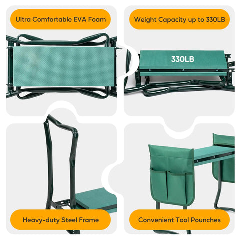 All In One Garden Kneeler And Seat Foldable Stool with Thick EVA Foam Pad, green tool pouch, steel frame, supports 330 pounds