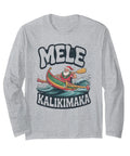 Kalikimaka Santa Outrigger Canoe Retro Hawaii Surf Long Sleeve Tee For Holiday Vibes In Black with Santa design on grey