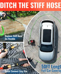 Ridiculously Flexible 50-Foot Pressure Washer Hose With Kink-Resistant, Leak-Free Design coiled around a car for washing.