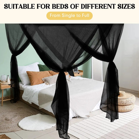 4 Corner Black Bed Canopy Curtains With Mosquito Net For Single Twin Full Size Beds over white bed in cozy bedroom setup