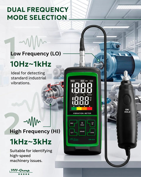 Vibration Meter With Remote Probe VM-424 For Industrial Motors And Gearboxes Measures Acceleration Up To 199.9 m/s2 Velocity Up To 199.9 mm/s Displacement Up To 1.999 mm 10 Hz To 3 kHz Magnetic Sensor For Tight Space Diagnostics, handheld meter with remote probe