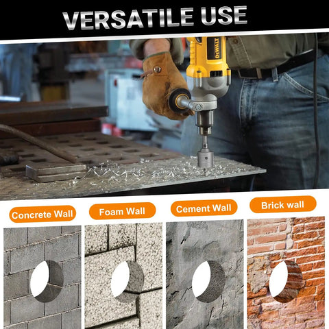 8 Piece Masonry Hole Saw Kit For Concrete And Brick 2 Inch Core Bits With Carbide Tungsten Steel Blades in use on metal surface
