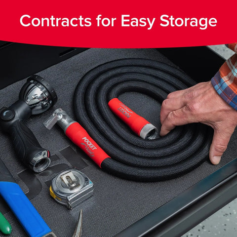 Pocket Hose 50 ft expandable garden hose with Turbo Shot nozzle, red-grip aluminum connectors