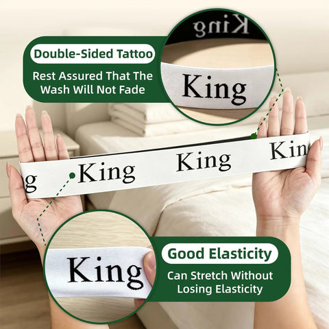 Top Tier Bed Sheet Organizers And Closet Storage Bands Keeps Your Linens Squared Away For Good Includes Labeled Sorters For Twin Full Queen King Sets showing elastic band labeled 'King' with good elasticity.