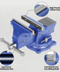 Heavy Duty 6 Inch Bench Vise Clamp With 150mm Jaw, table top desktop clamp, blue cast iron, with 360 degree swivel base and anvil