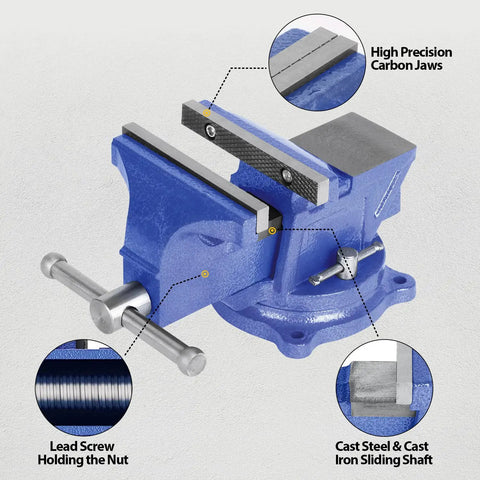 Heavy Duty 6 Inch Bench Vise Clamp With 150mm Jaw, table top desktop clamp, blue cast iron, with 360 degree swivel base and anvil