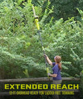 Woman using Multi Angle Telescoping Electric Hedge Trimmer With Convertible Pole To Handheld 19 Inch Blade 4.5 Amp reaching tall hedge