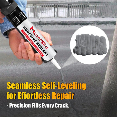 Heavy Duty Gray Concrete Crack Filler Self Leveling Waterproof Sealant Fast Curing Flexible Cement Repair Patch Kit For Driveways Walkways Rock Solid Fix For Cracks Up To 2 Inches Wide Fast Cure For Diy 2 Pack 10 1 Ounce Each being applied from a caulking gun.