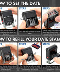 Instructions on how to set the date and refill Self Inking Received Date Stamp With Blue And Red Ink For Business Files Featuring 12 Year Roll Over Dial.