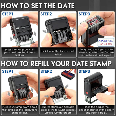 Instructions on how to set the date and refill Self Inking Received Date Stamp With Blue And Red Ink For Business Files Featuring 12 Year Roll Over Dial.