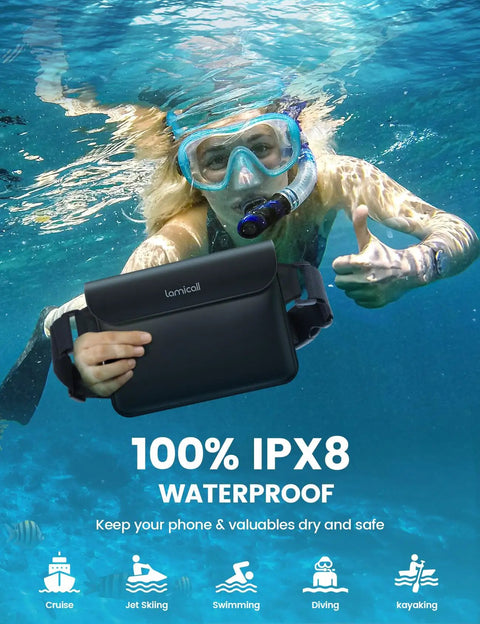 Person snorkeling with Waterproof Fanny Pack Dry Bag Two Pack For Beach Pool Snorkeling And Kayaking IPX8 Submersible Case