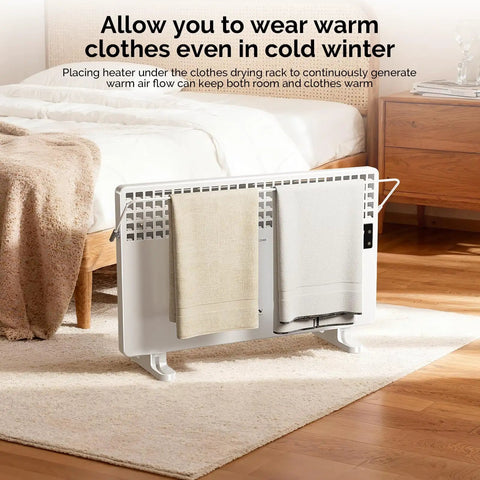 Panel Heater With Remote Control And Towel Bar, Freestanding Radiant Electric Space Heater With LCD Touch Screen in bedroom